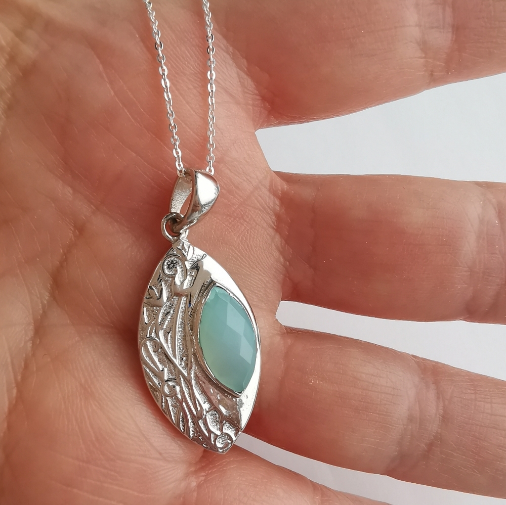 Aqua chalcedony pendant Necklace Art Nouveau Sterling Silver 🆕 - Picture 4 of 14